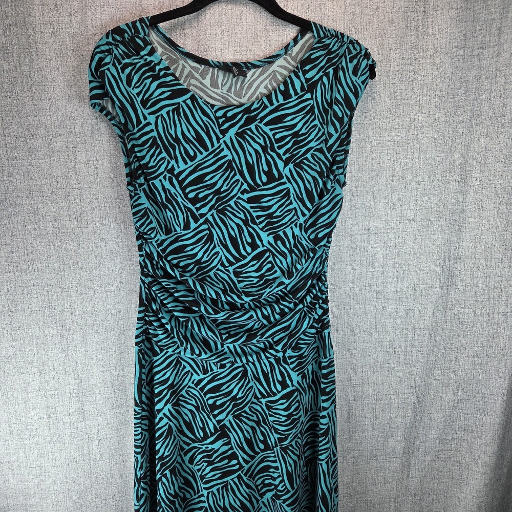 En Focus Studio Womens Teal Black Zebra Ruched Sheath Dress Sz 6 Bodycon